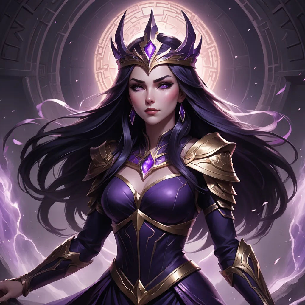 a woman in a purple dress with a horned head and a sword in her hand, standing in front of a circle, fantasy art, a detailed painting, Anne Stokes, league of legends splash art