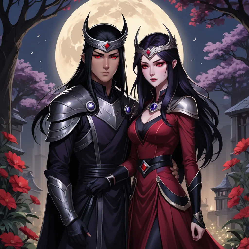 a couple of people standing next to each other in front of a full moon and trees with flowers in the background, fantasy art, concept art, Anne Stokes, fantasy artwork