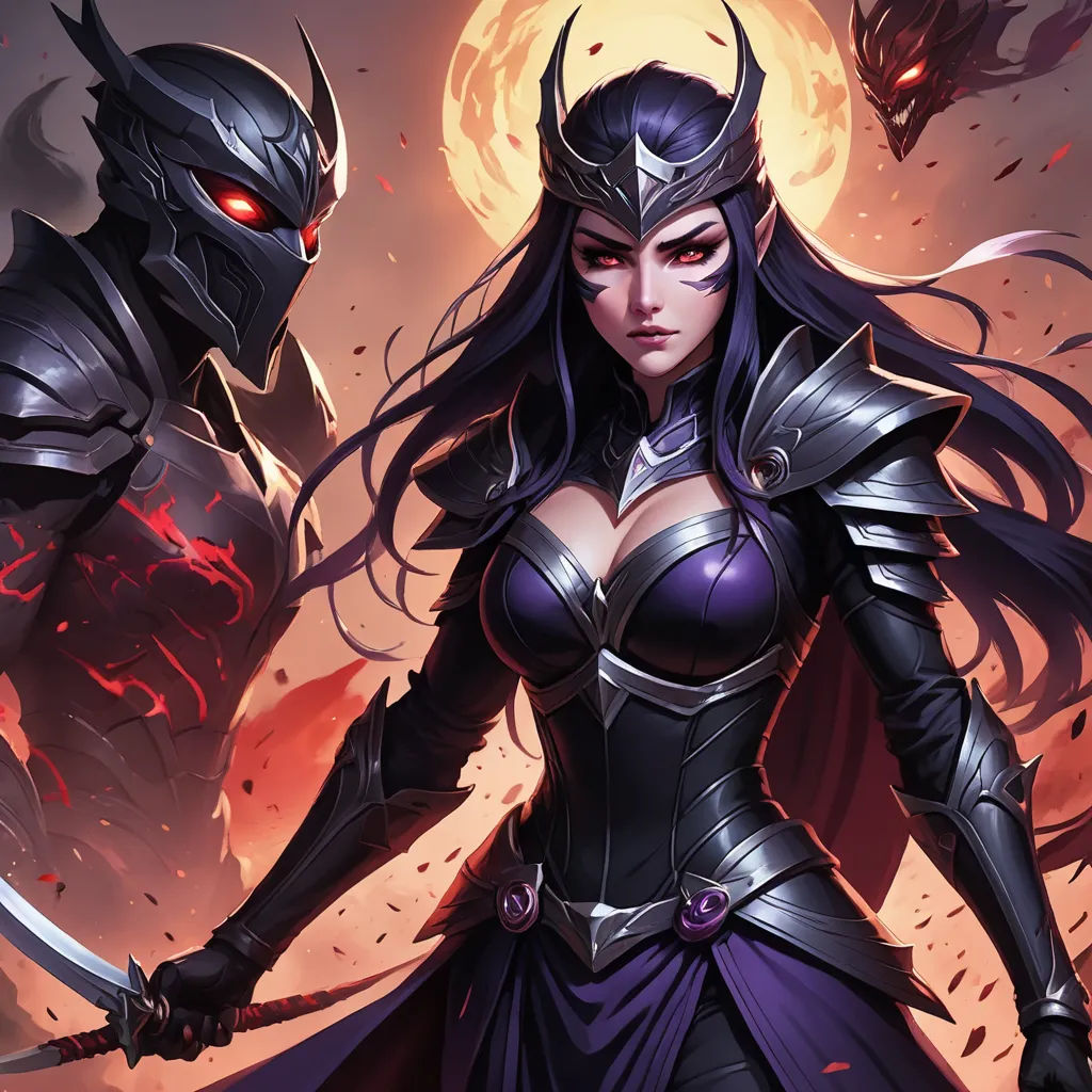 a woman in a black outfit holding a sword and a demon in the background with a full moon in the sky, fantasy art, a detailed painting, Artgerm, league of legends splash art