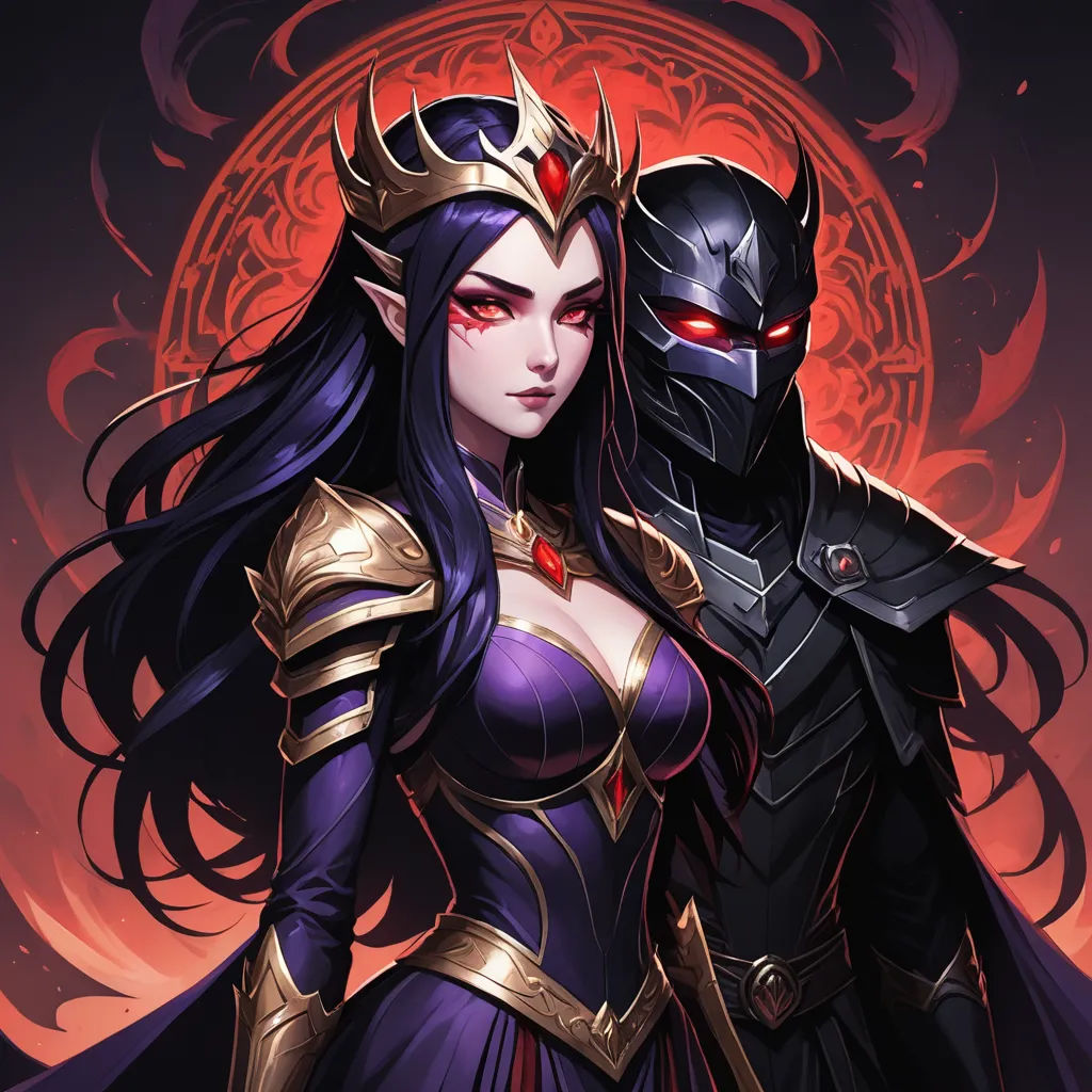 a couple of people standing next to each other in front of a red background with a sun behind them, fantasy art, a detailed painting, Anne Stokes, league of legends splash art