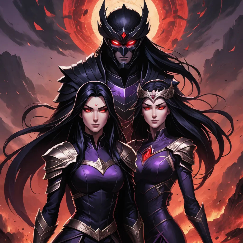 two women in costumes standing next to each other in front of a red sun and a black demon with horns, fantasy art, a detailed painting, Art of Brom, league of legends splash art