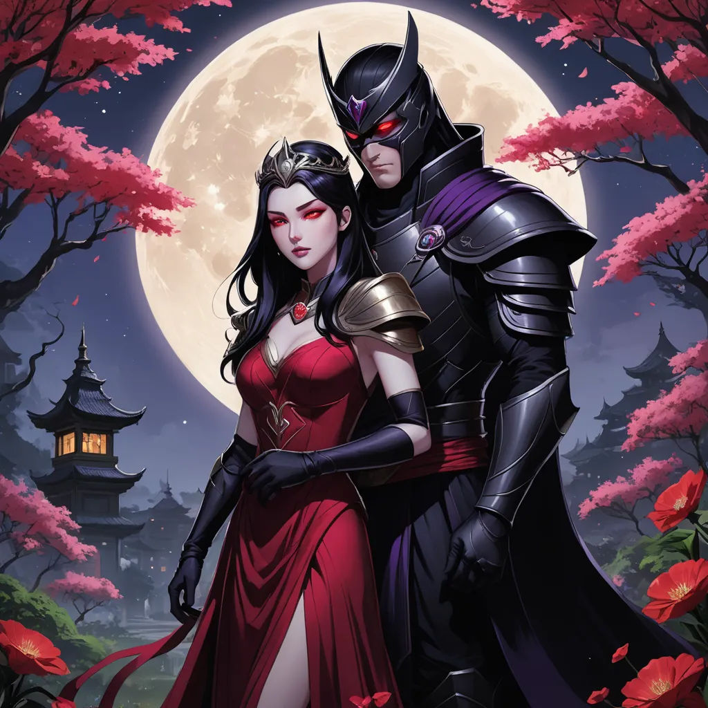 a couple dressed as batman and a woman dressed as a red riding dress in front of a full moon, fantasy art, a storybook illustration, Anne Stokes, comic cover art