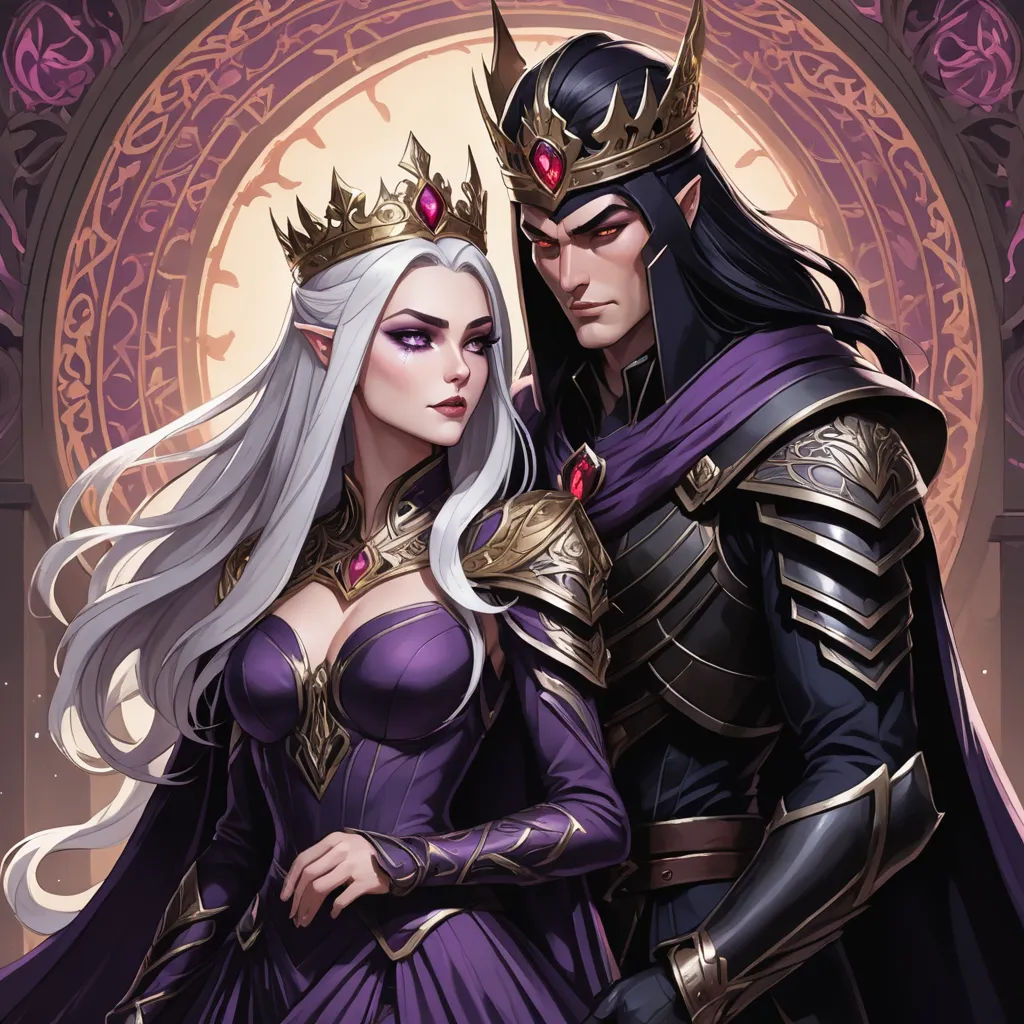 a couple of people dressed in costumes standing next to each other in front of a circular background with a clock, fantasy art, a detailed painting, Anne Stokes, fantasy artwork
