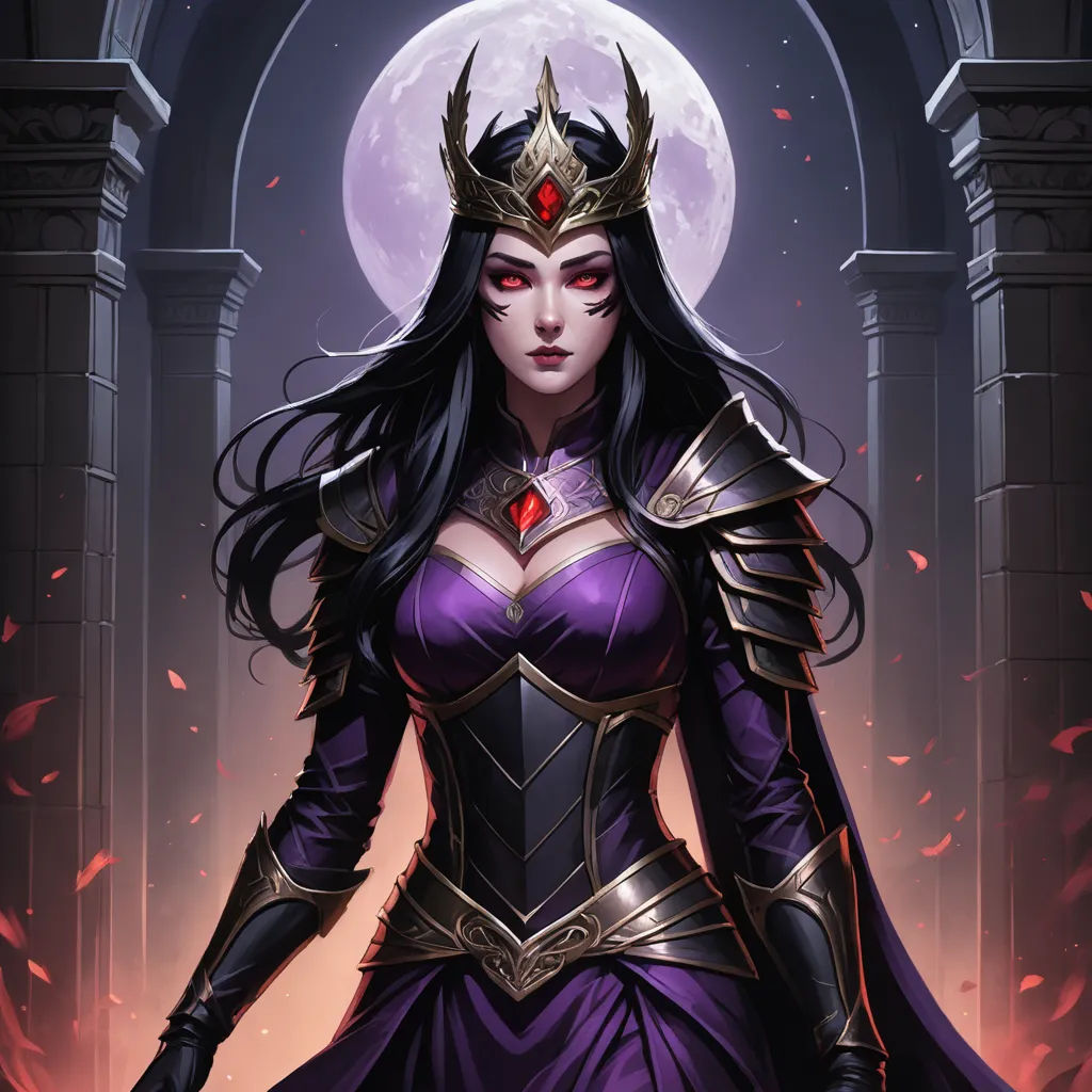 a woman in a purple dress with a crown on her head and a red heart in her hand, standing in front of a doorway, fantasy art, a detailed painting, Anne Stokes, league of legends splash art