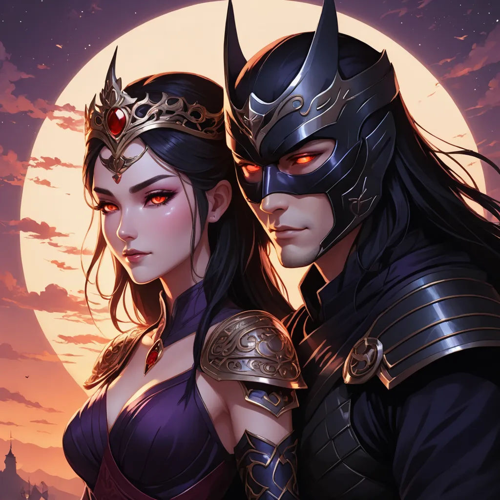 two women in costumes standing next to each other in front of a full moon and a castle with a red light, fantasy art, a detailed painting, Artgerm, stanley artgerm lau