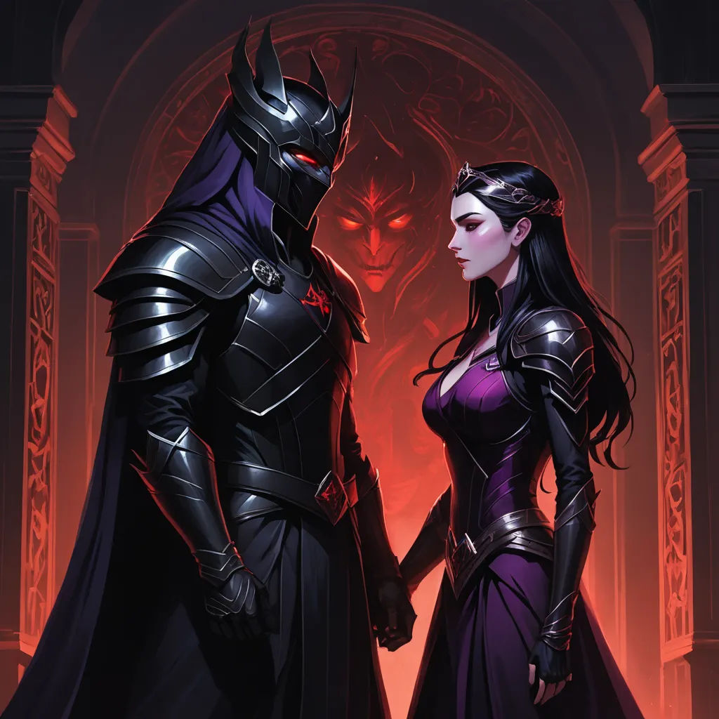 a couple of people standing next to each other in a room with a red light behind them and a demon, fantasy art, a detailed painting, Art of Brom, comic cover art