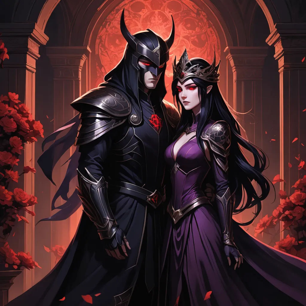 a couple dressed up as male and female characters in a fantasy setting with red flowers in the background and a gothic - themed archway, fantasy art, a detailed painting, Art of Brom, magic the gathering artwork