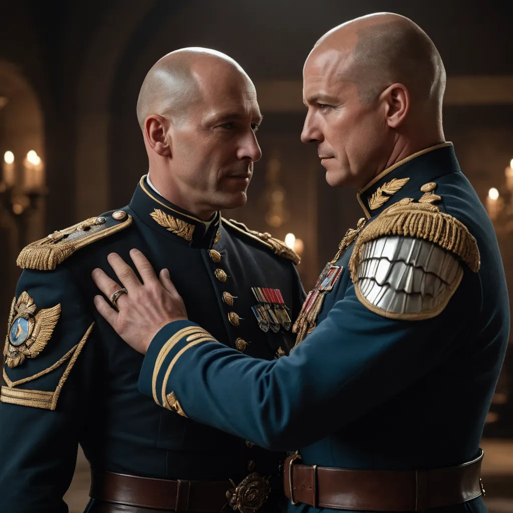 two men in military uniforms are facing each other in a dark room with candles on the walls and a chandelier, renaissance, a renaissance painting, Enguerrand Quarton, promotional image