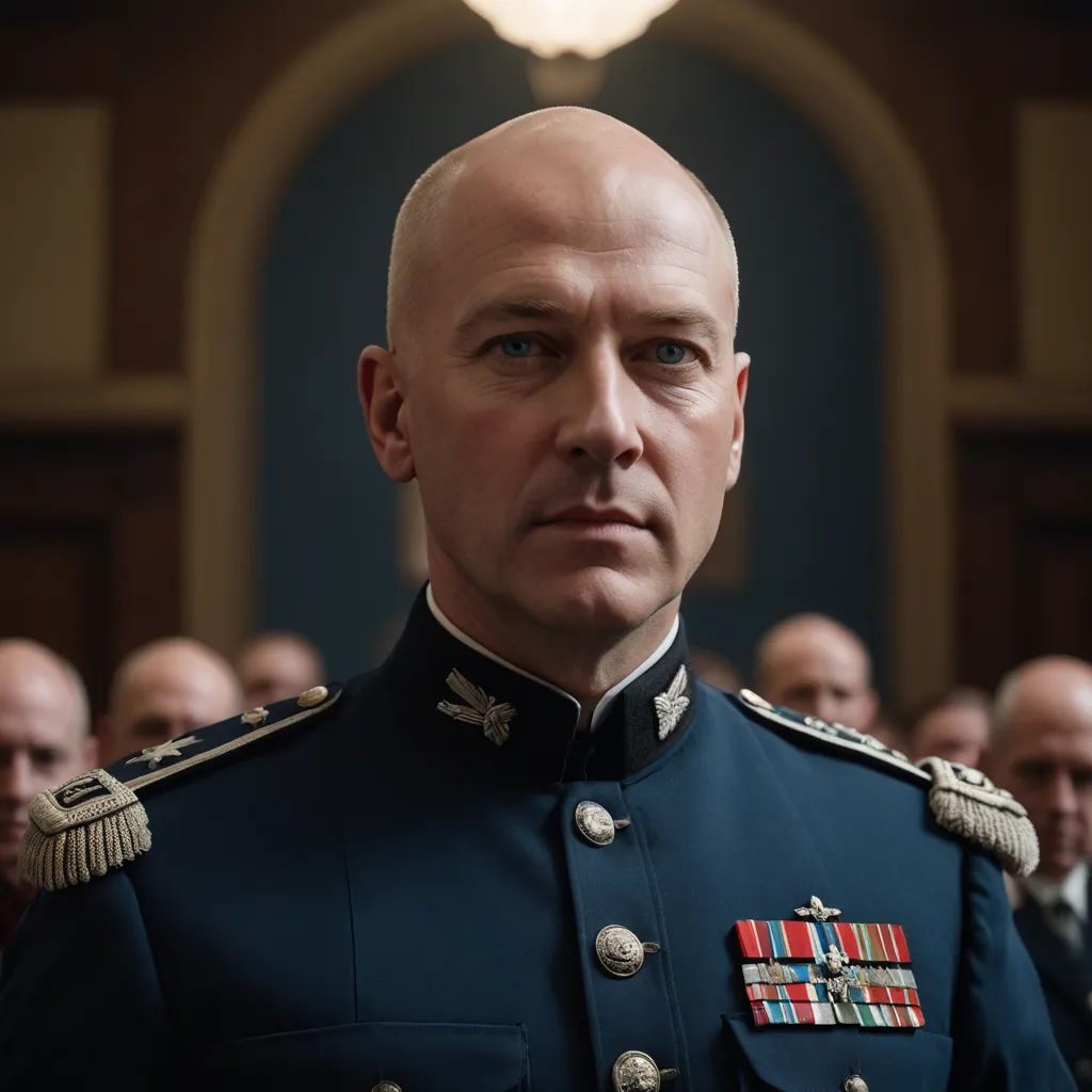 a man in a military uniform standing in front of a group of men in suits and ties in a room, de stijl, a character portrait, Aleksander Gine, promotional image