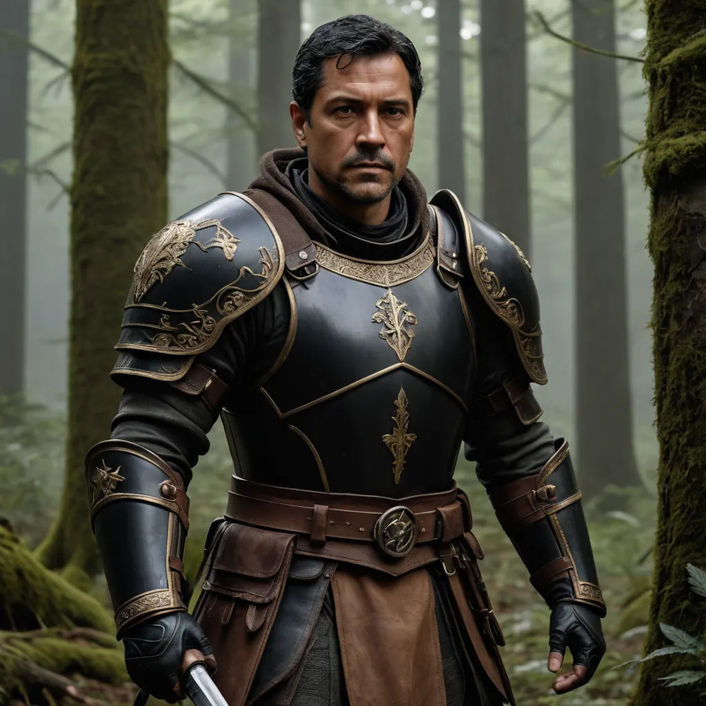 a man in a leather armor standing in a forest with a sword in his hand and a sword in his hand, antipodeans, a character portrait, Eddie Mendoza, promotional image