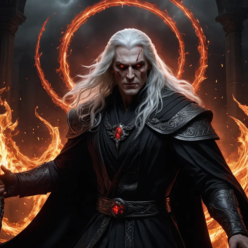 a man with long white hair and a black outfit standing in front of a ring of fire with his hands out, fantasy art, concept art, Aleksi Briclot, epic fantasy character art