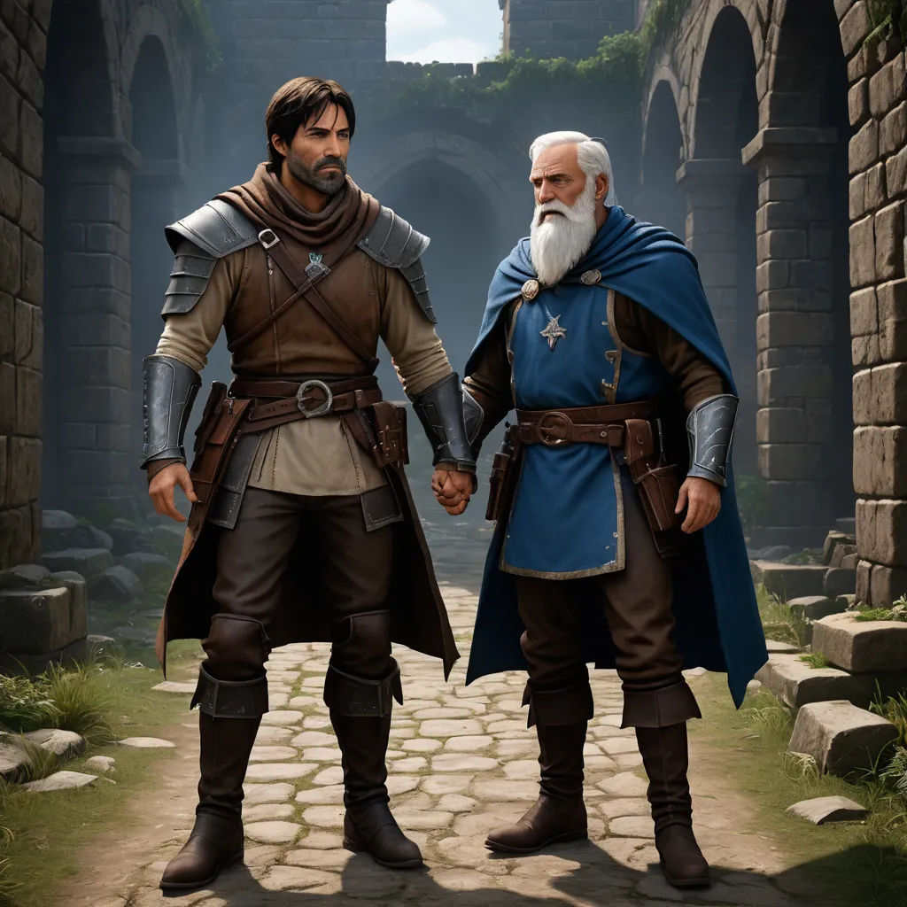 two men in medieval costumes standing in a stone courtyard with a stone wall and a stone archway behind them, sots art, concept art, Brothers Hildebrandt, unreal engine 5 highly rendered