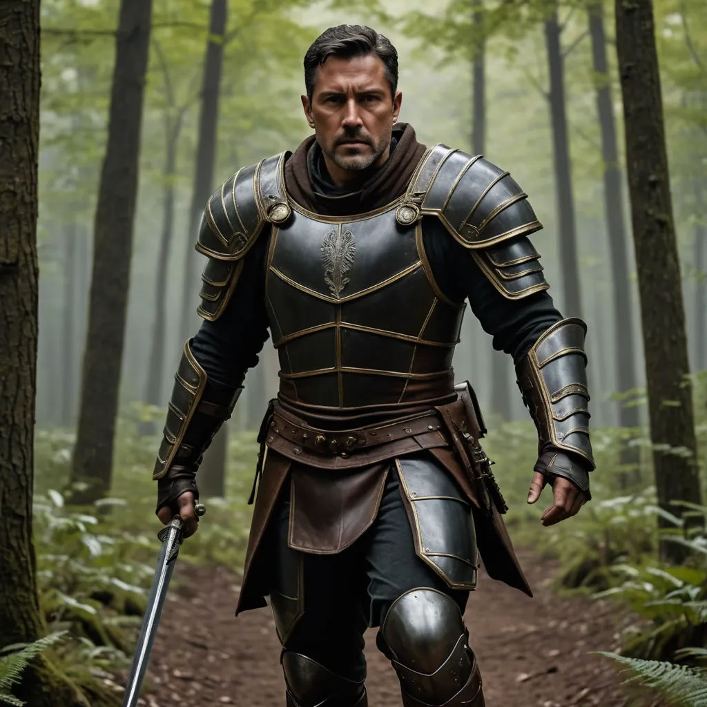 a man in a suit of armor walking through a forest with a sword in his hand and a helmet on, antipodeans, a character portrait, Eddie Mendoza, weta digital