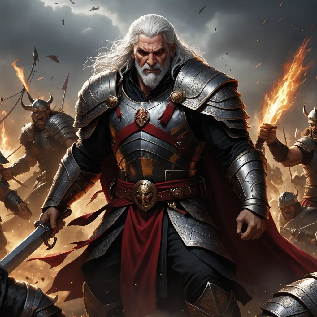 a man in armor with a sword in his hand and a lot of other men in the background with flames, fantasy art, a detailed painting, Art of Brom, epic fantasy character art