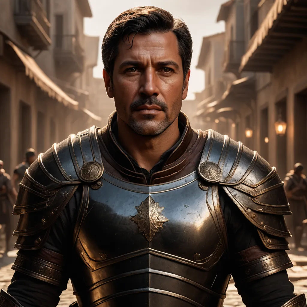 a man in a suit of armor standing in a street with a group of people in the background in a video game, antipodeans, a character portrait, Andrea Mantegna, promotional image