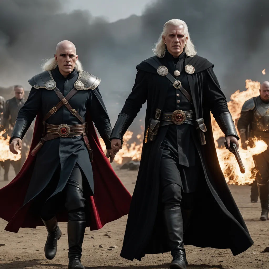 two men in black outfits are walking in front of a fire with flames behind them and a black sky behind them, antipodeans, a detailed matte painting, Edi Rama, vfx