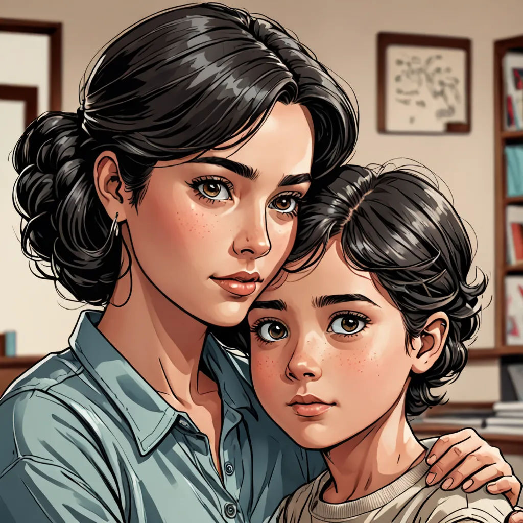 a woman and a child are looking at the camera with a serious look on their faces, while the child is holding the woman's shoulder, serial art, a comic book panel, Artgerm, comic cover art