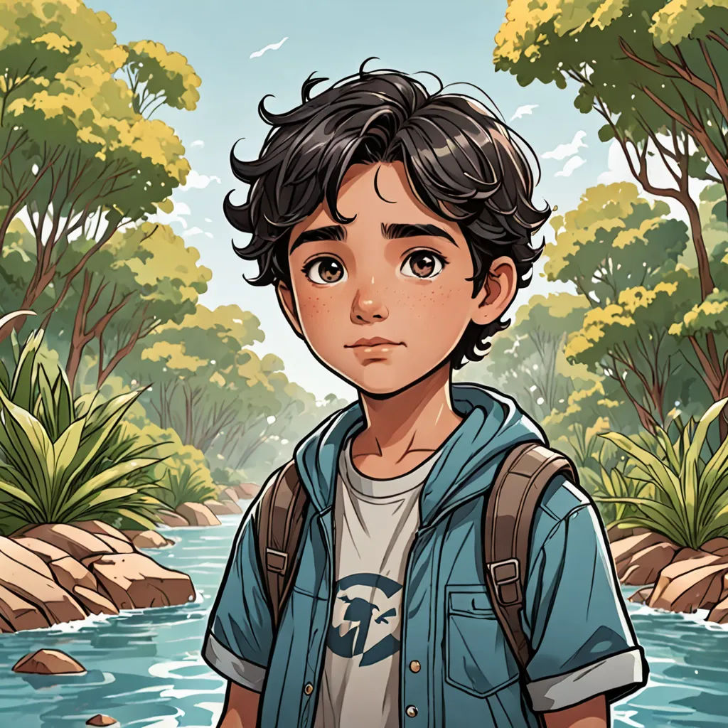 a boy standing in front of a river with a backpack on his back and trees in the background, and a river running through the middle, environmental art, a character portrait, Cedric Seaut (Keos Masons), comic cover art