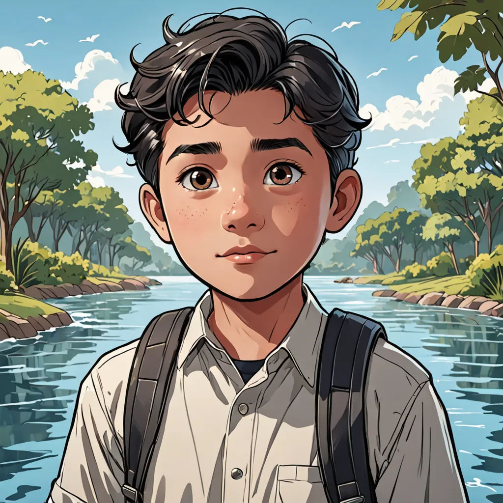 a boy with a backpack standing in front of a river and trees in the background, with a sky background, environmental art, a character portrait, David Park, graphic novel