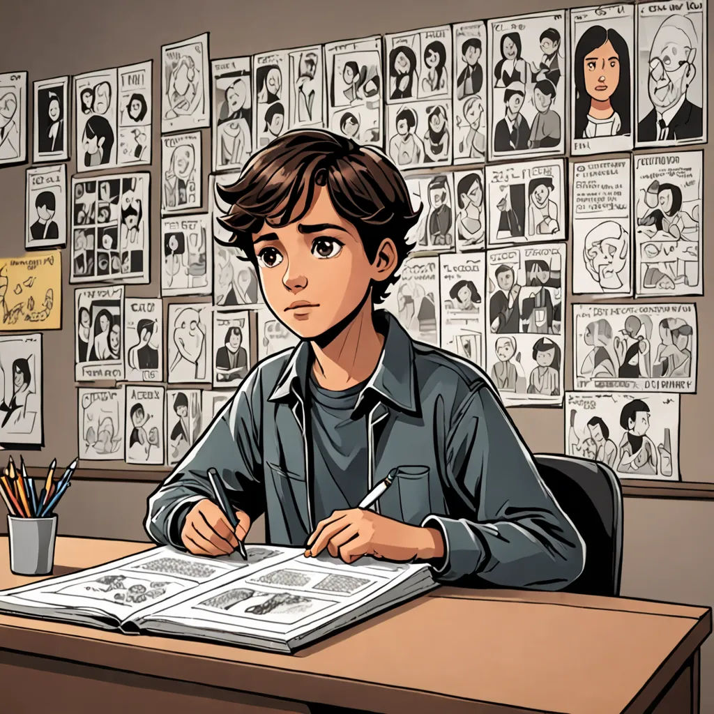 a boy sitting at a desk with a book and pen in front of him and a bunch of comics on the wall behind him, process art, a comic book panel, Asaf Hanuka, graphic novel
