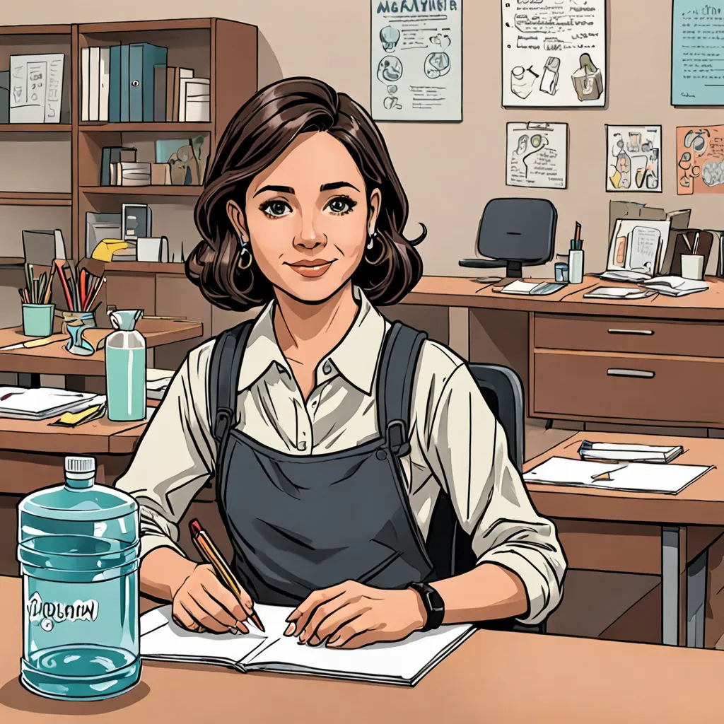 a woman sitting at a desk with a bottle of water and a pen in her hand and a book in front of her, academic art, a character portrait, Ada Gladys Killins, graphic novel
