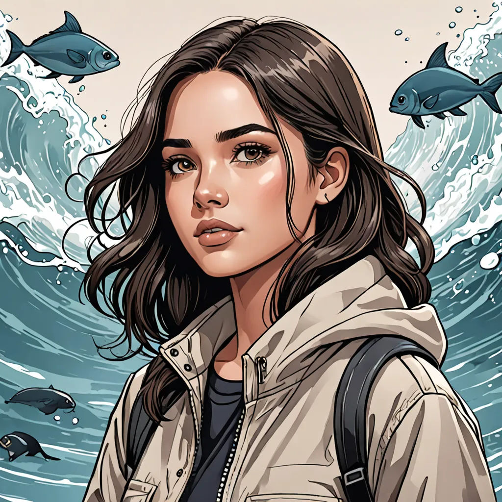 a woman with a backpack standing in front of a painting of fish and waves in the ocean with a blue sky, fantasy art, a character portrait, Artgerm, comic cover art