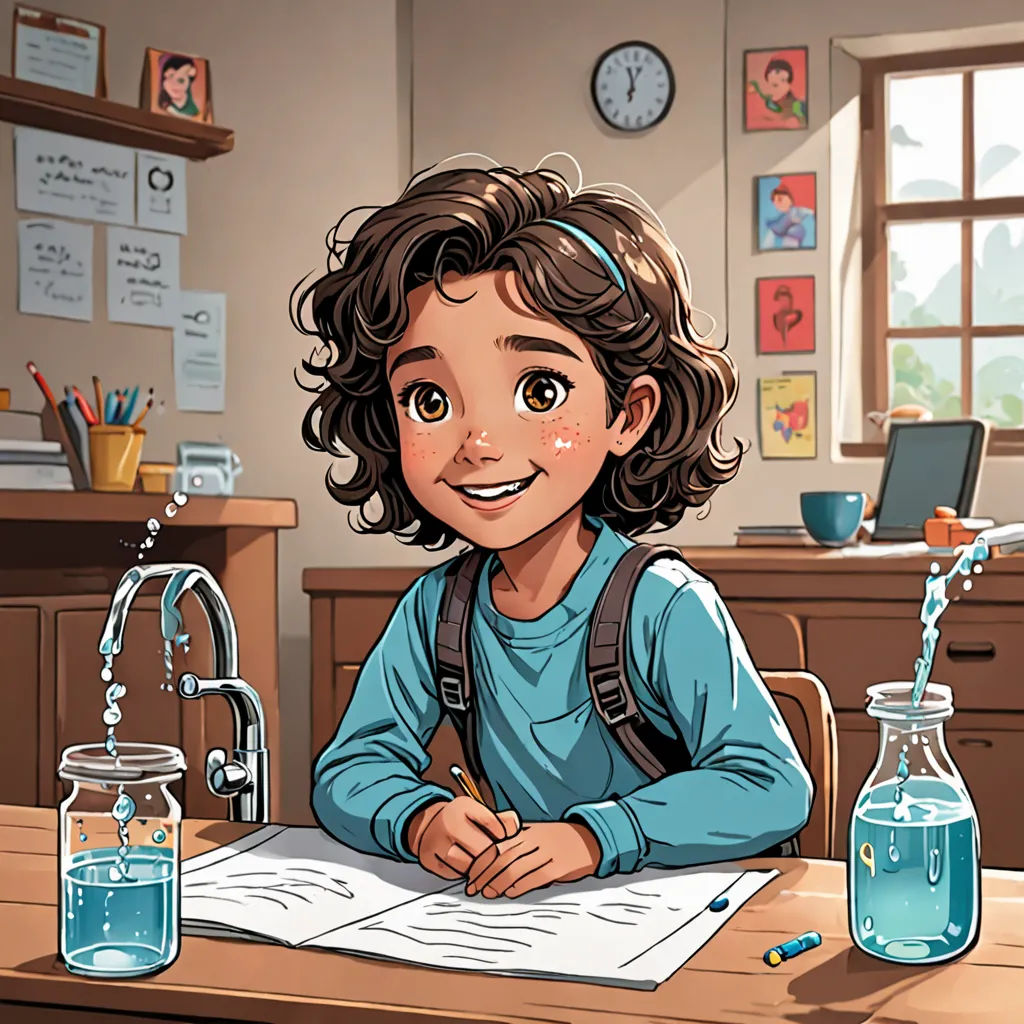 a girl sitting at a desk with a book and a glass of water in front of her and a clock, academic art, a storybook illustration, Diego Gisbert Llorens, comic cover art