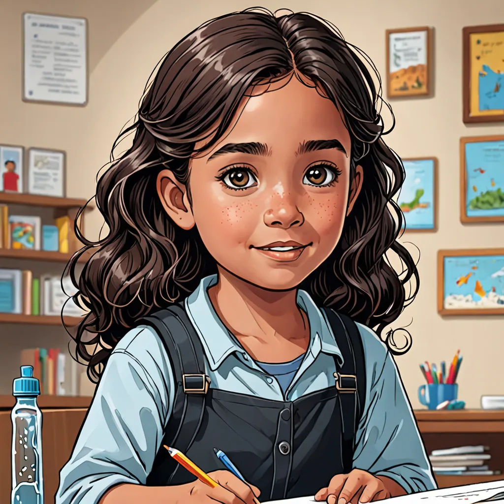 a girl is sitting at a desk writing on a piece of paper with a pencil in her hand and a bottle of water in front of her, academic art, computer graphics, Constance Gordon-Cumming, ultra realistic illustration