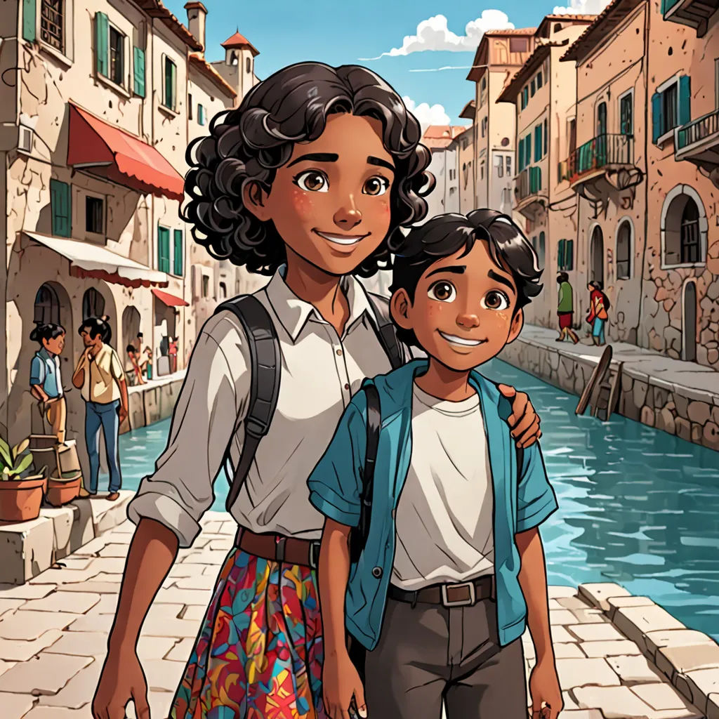 a man and a woman standing next to each other on a street next to a river and buildings with people walking around, magical realism, a storybook illustration, Diego Gisbert Llorens, comic cover art