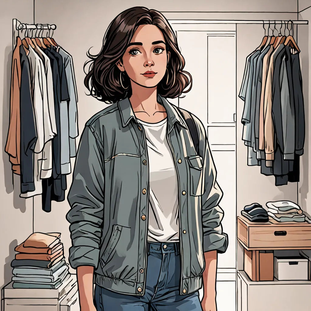 a woman standing in a closet with clothes on racks and a shelf with clothes on it and a shelf with folded shirts on it, figurativism, a comic book panel, Atey Ghailan, woman