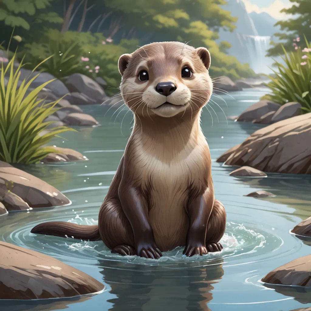 a cartoon otter sitting in a river with a waterfall in the background and grass and rocks around it, with a waterfall in the background, sots art, a storybook illustration, Chris LaBrooy, official art