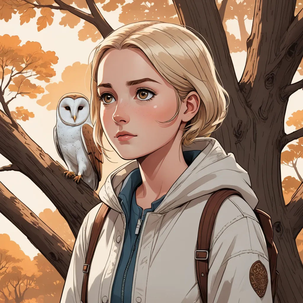 a woman standing in front of a tree with an owl on her shoulder and a backpack on her shoulder, fantasy art, a character portrait, Charlie Bowater, rossdraws global illumination