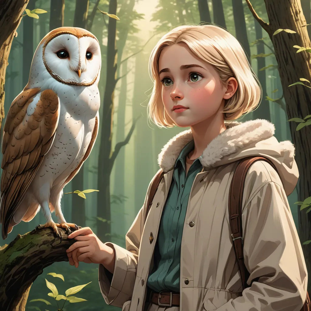 a girl holding an owl in a forest with trees in the background and sunlight shining through the trees on the right, fantasy art, a storybook illustration, Charlie Bowater, official art