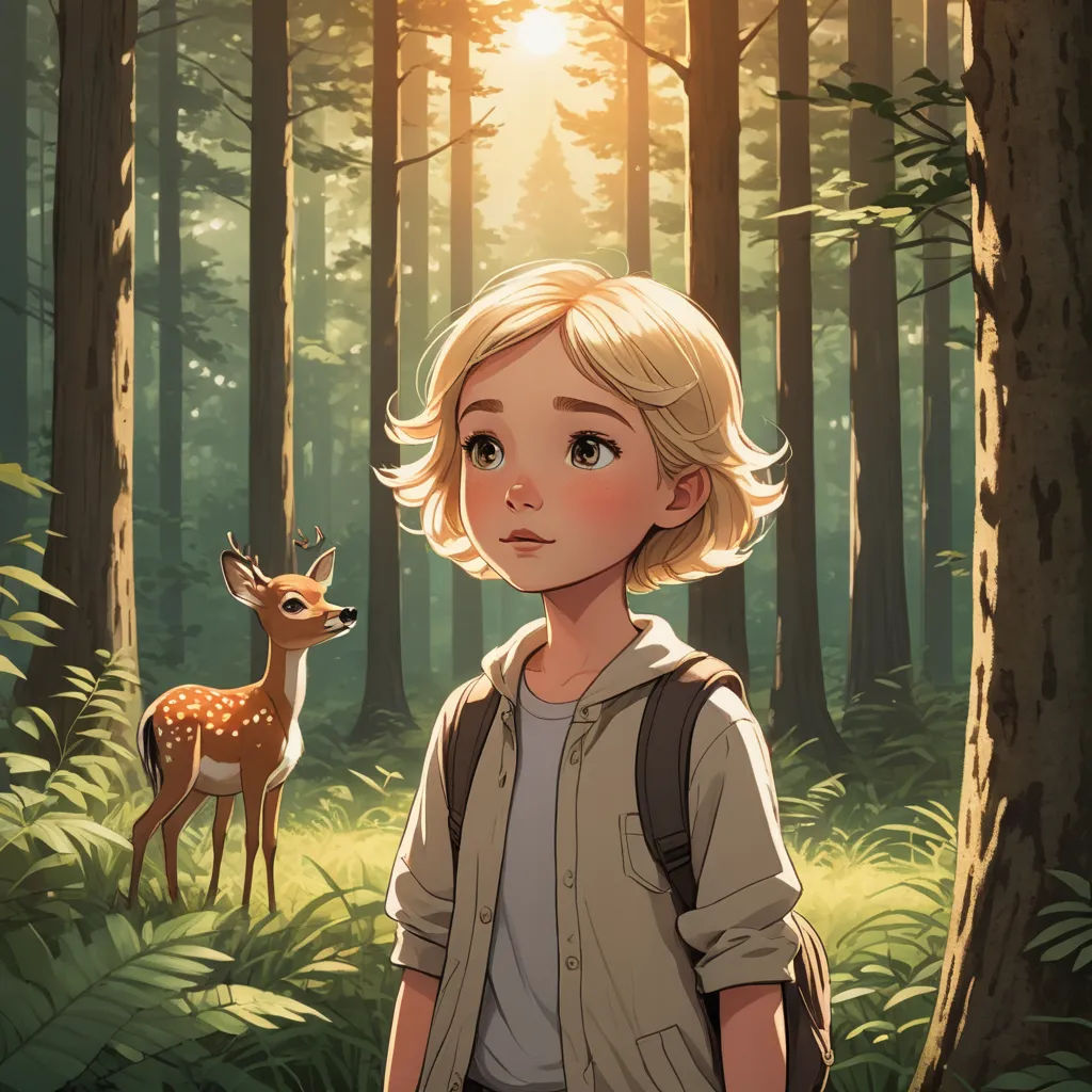 a young girl standing in a forest next to a deer with a sun shining through the trees behind her, naturalism, a storybook illustration, Cliff Childs, rossdraws global illumination