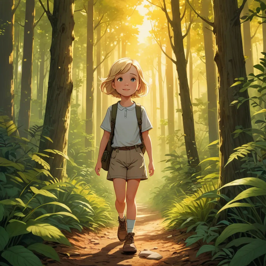 a girl walking down a path in the woods with a backpack on her back and a backpack on her shoulder, magic realism, a storybook illustration, Cliff Childs, rossdraws global illumination