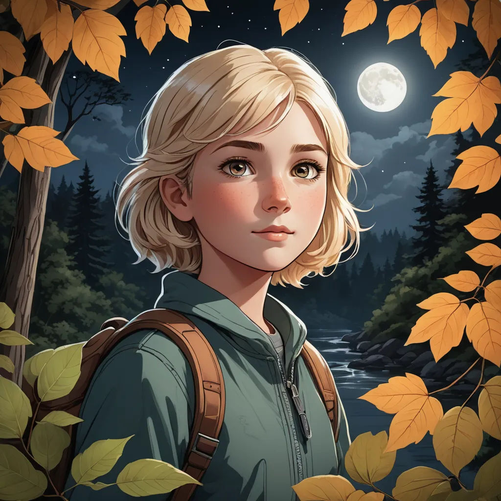 a girl with blonde hair and a backpack standing in front of a forest with leaves and a full moon, sots art, a character portrait, Cliff Childs, key art