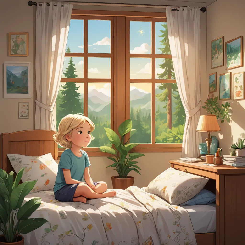 a little girl sitting on a bed in a bedroom with a window and a potted plant in front of her, american scene painting, a storybook illustration, Diego Gisbert Llorens, rossdraws global illumination