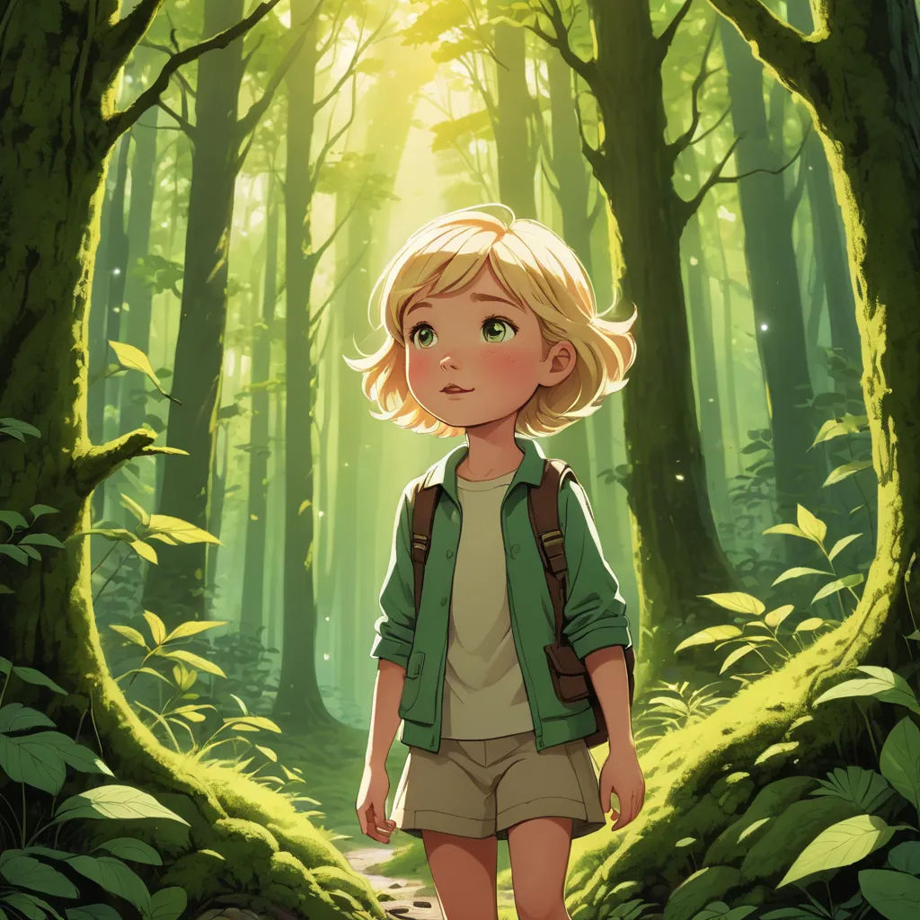 a young girl is walking through a forest with a backpack on her back and a backpack on her shoulder, fantasy art, a storybook illustration, Cliff Childs, rossdraws global illumination
