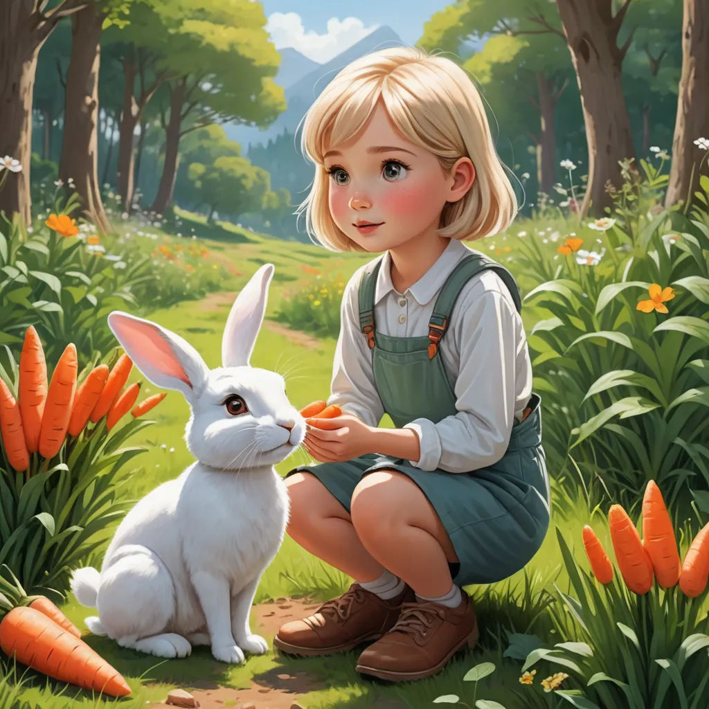 a little girl is feeding a rabbit in a field of flowers and trees with a mountain in the background, fantasy art, a storybook illustration, Aaron Jasinski, official art