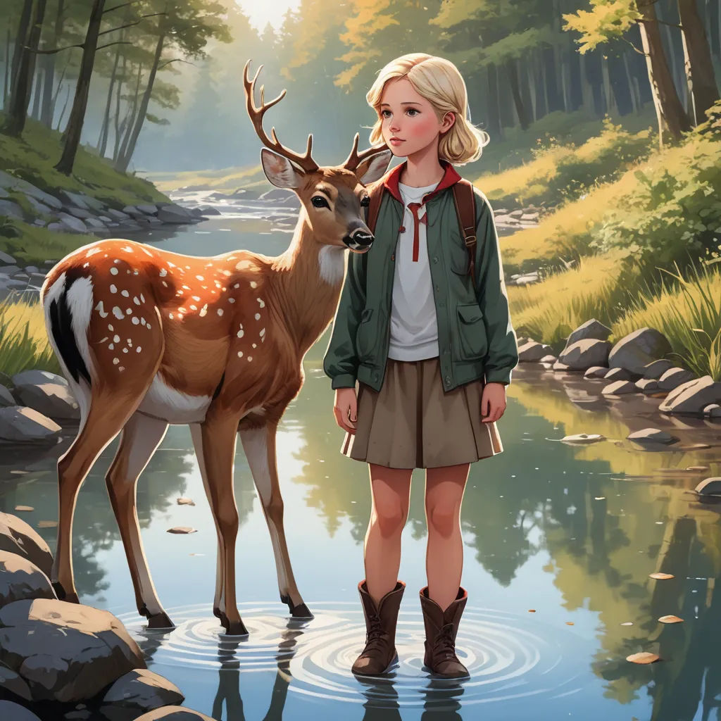 a girl standing next to a deer in a forest next to a river with rocks and trees on the shore, american scene painting, a storybook illustration, Diego Gisbert Llorens, official art