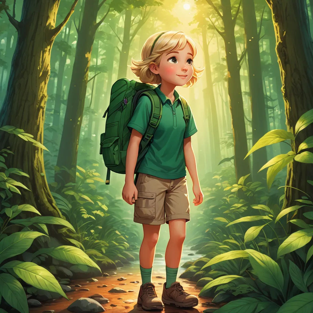 a young boy with a backpack standing in the middle of a forest with a trail in the background and sunlight shining through the trees, sots art, a storybook illustration, Aaron Jasinski, promotional image