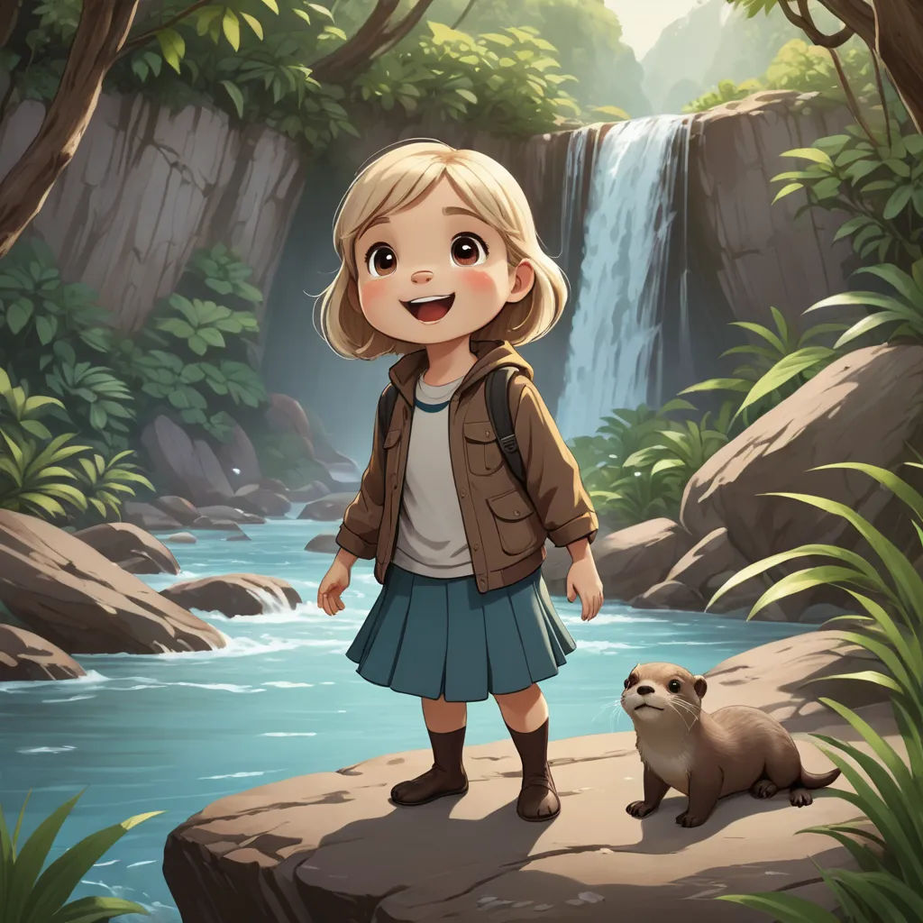 a girl standing on a rock next to a river and a small animal in front of a waterfall with a waterfall behind her, sots art, a character portrait, Cliff Childs, key art