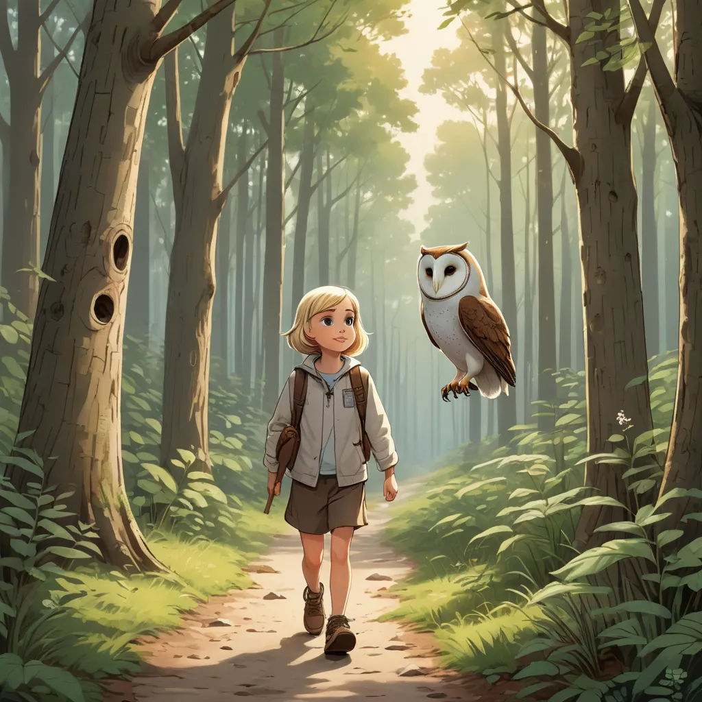 a young girl walking down a path with an owl on her shoulder and a bird flying above her head, fantasy art, a storybook illustration, Atey Ghailan, rossdraws global illumination
