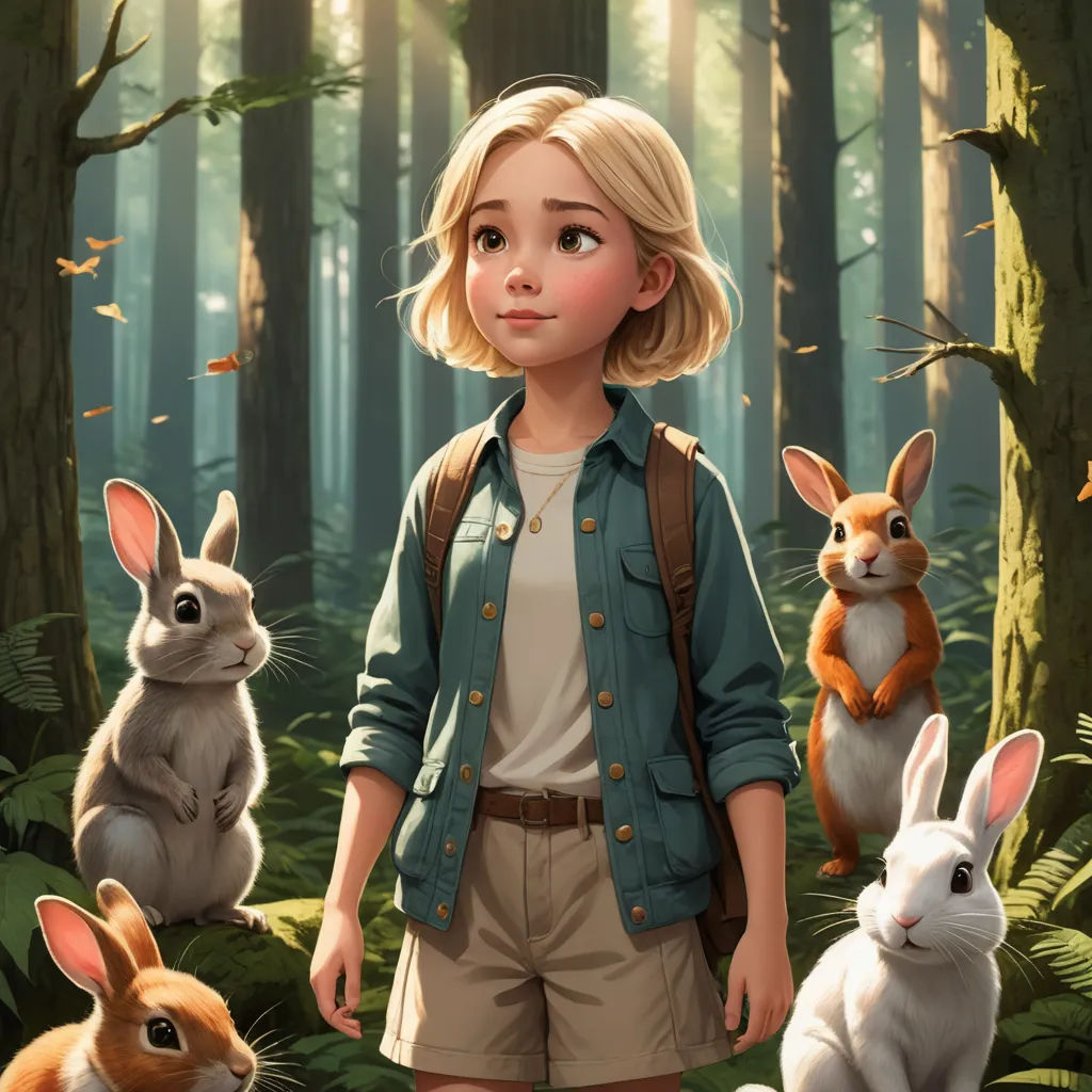 a girl standing in the woods surrounded by rabbits and rabbits, with a forest background and trees and leaves, furry art, a storybook illustration, Cliff Childs, rossdraws global illumination