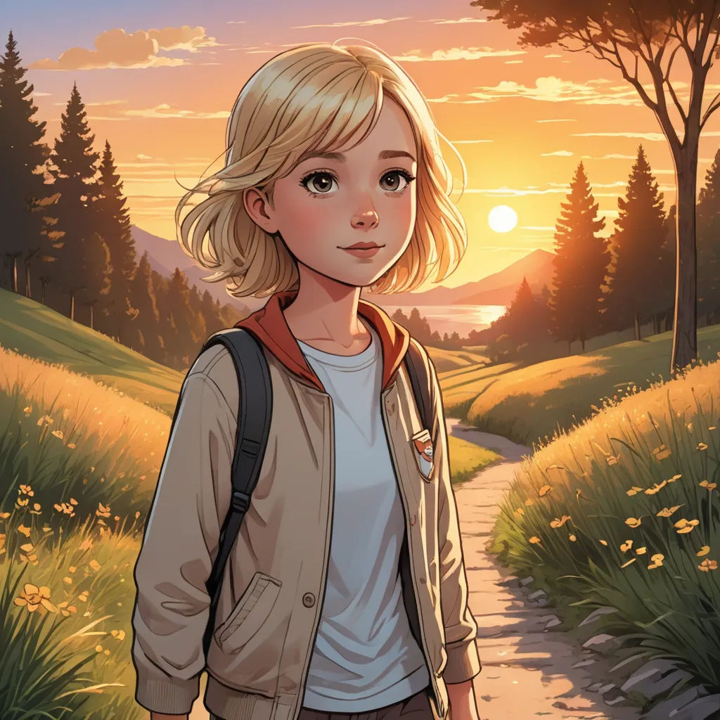 a girl is standing on a path in the woods at sunset with a backpack on her shoulder and a backpack on her shoulder, aestheticism, a character portrait, Cliff Childs, official art