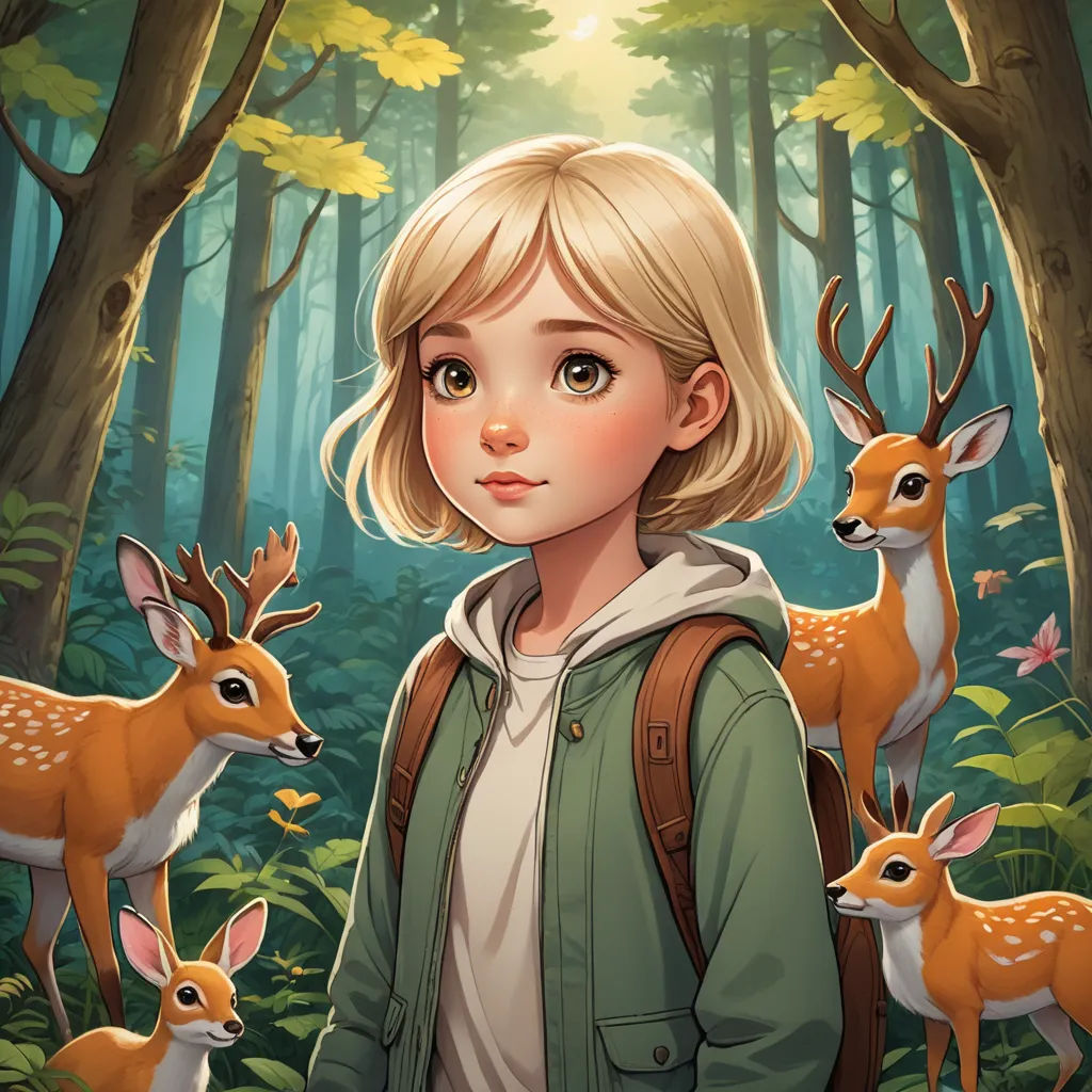a girl standing in the woods with deers behind her and a forest background with trees and bushes and leaves, naturalism, a storybook illustration, Cliff Childs, trending on art station