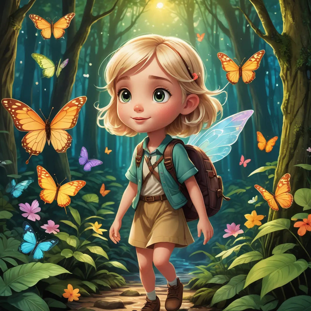 a little girl with a backpack walking through a forest with butterflies around her and a butterfly in the background, magic realism, a storybook illustration, Cliff Childs, fireflies