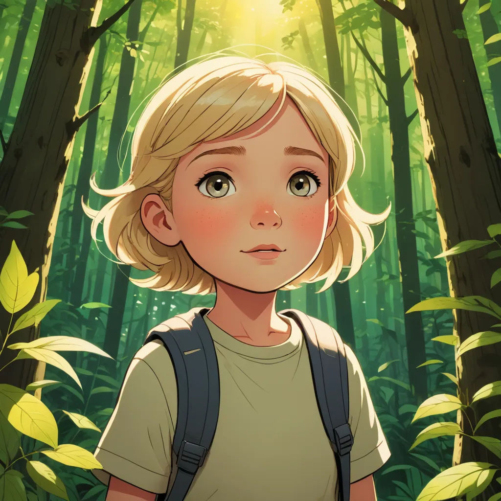 a girl in a forest with a backpack on her shoulder and a sun shining through the trees behind her, serial art, a storybook illustration, Atey Ghailan, rossdraws global illumination