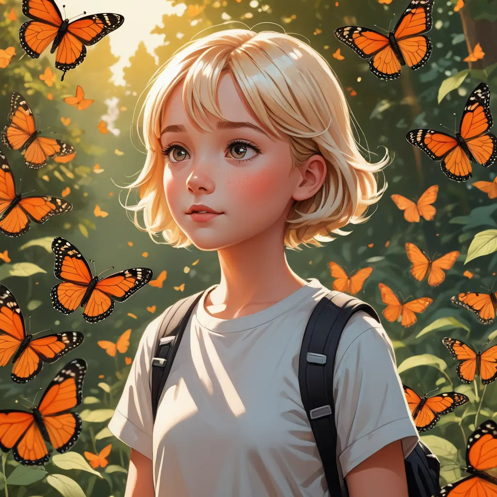 a girl with a backpack standing in front of a bunch of butterflies on a sunny day with a butterfly background, fantasy art, a detailed painting, Artgerm, trending on art station
