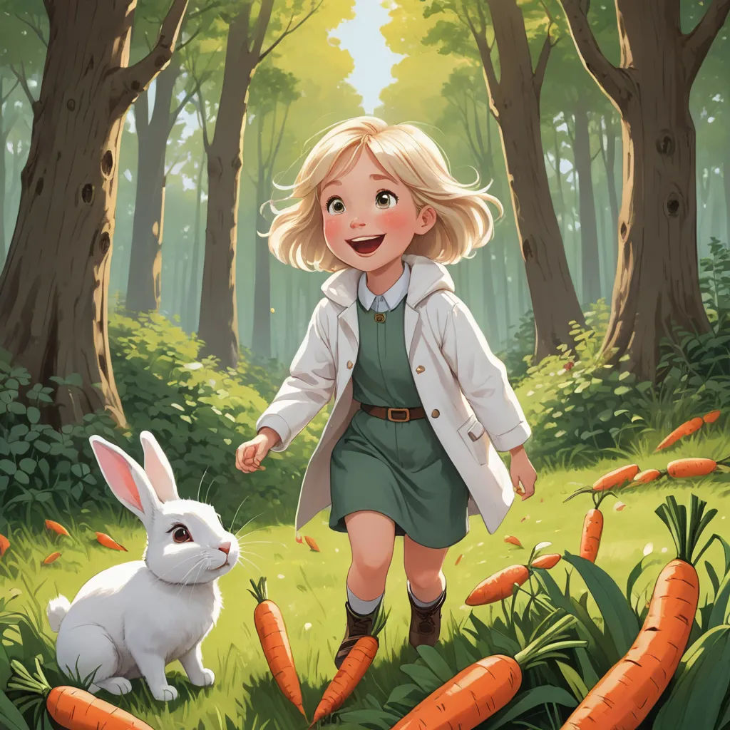 a little girl is walking through a forest with a bunny and carrots in her hand and a rabbit in the foreground, process art, a storybook illustration, Clarice Beckett, official art